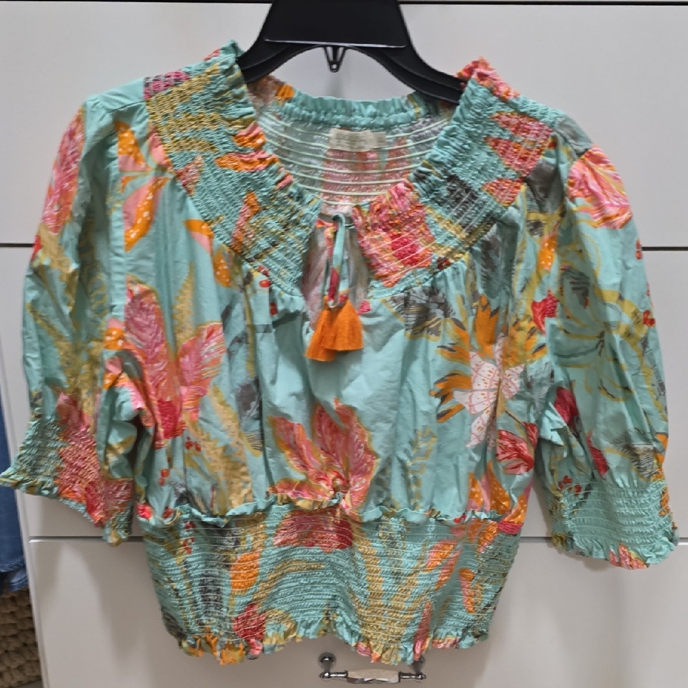 Spartina 449 Green Flutter Sleeve Smocked Blouse and matching skirt.